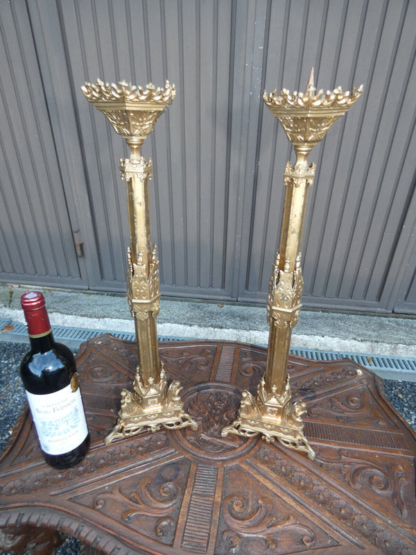 PAIR antique Brass Church candle holders tripod angels neo gothic