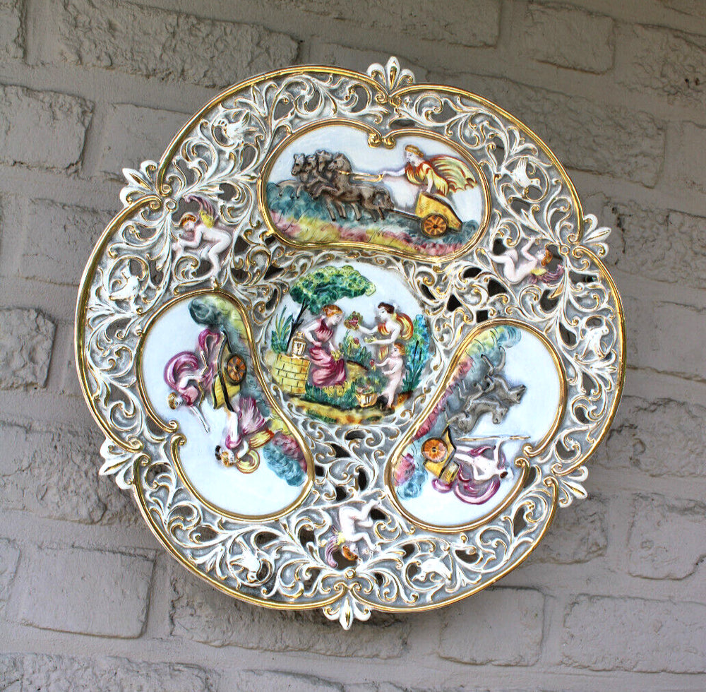 Vintage XL capodimonte italian porcelain plate relief deco