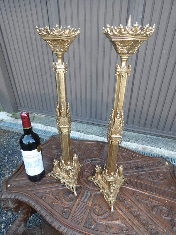 PAIR antique Brass Church candle holders tripod angels neo gothic