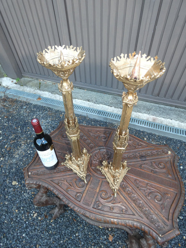 PAIR antique Brass Church candle holders tripod angels neo gothic