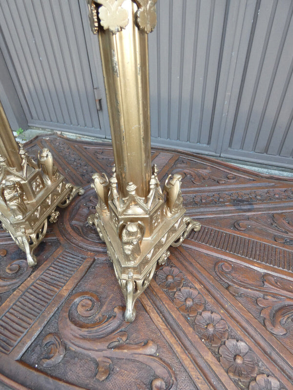 PAIR antique Brass Church candle holders tripod angels neo gothic