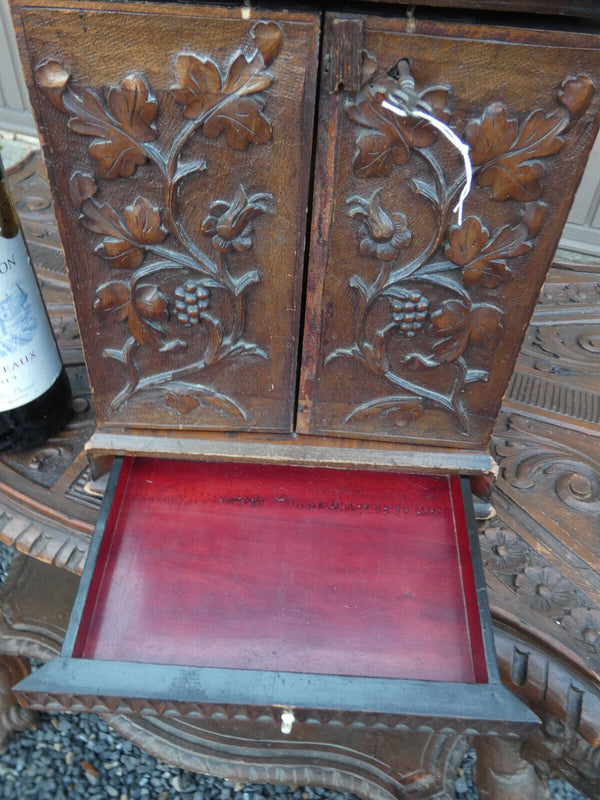 Antique BLACK forest wood carving cabinet  drawers rare 19thc Germany