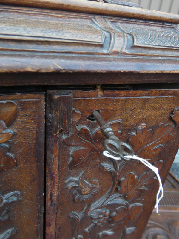 Antique BLACK forest wood carving cabinet  drawers rare 19thc Germany