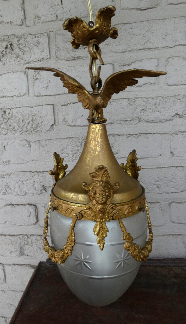 Vintage 1960 French bronze Eagle caryatid heads crystal glass  lantern lamp