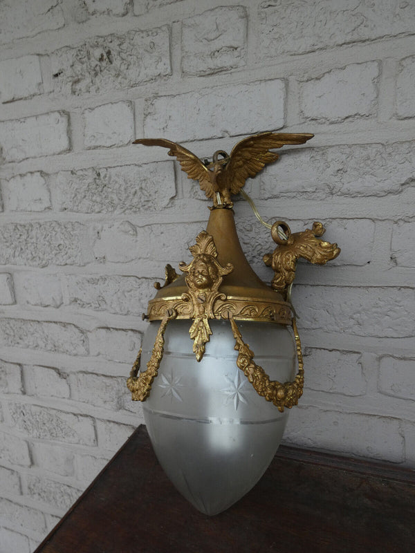 Vintage 1960 French bronze Eagle caryatid heads crystal glass  lantern lamp