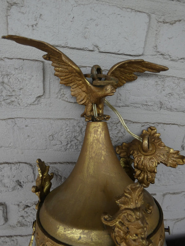 Vintage 1960 French bronze Eagle caryatid heads crystal glass  lantern lamp