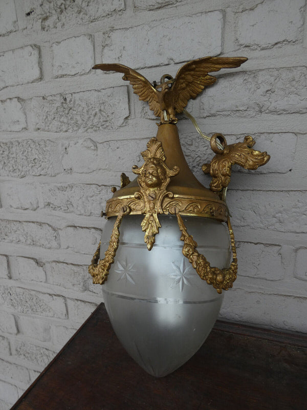 Vintage 1960 French bronze Eagle caryatid heads crystal glass  lantern lamp