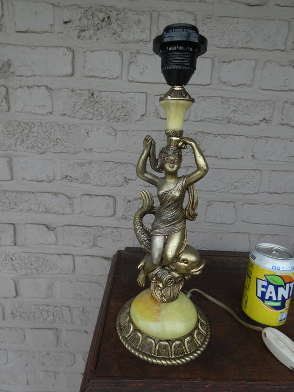 vintage 1970 metal onyx dolphin putti table lamp