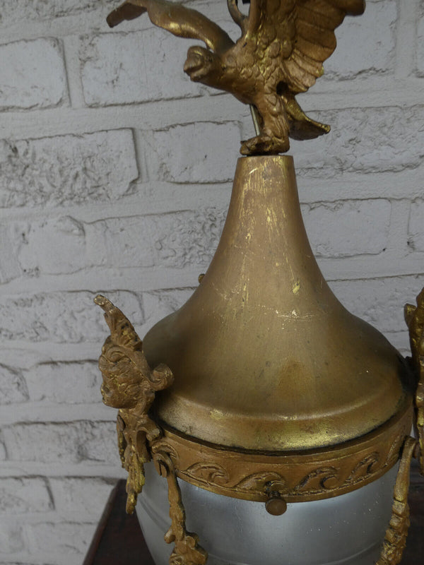 Vintage 1960 French bronze Eagle caryatid heads crystal glass  lantern lamp