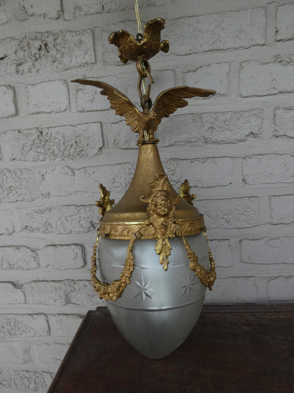 Vintage 1960 French bronze Eagle caryatid heads crystal glass  lantern lamp