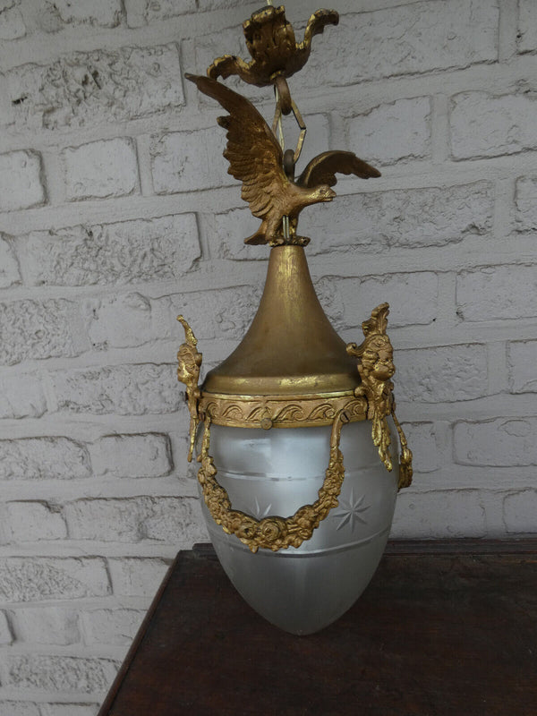 Vintage 1960 French bronze Eagle caryatid heads crystal glass  lantern lamp