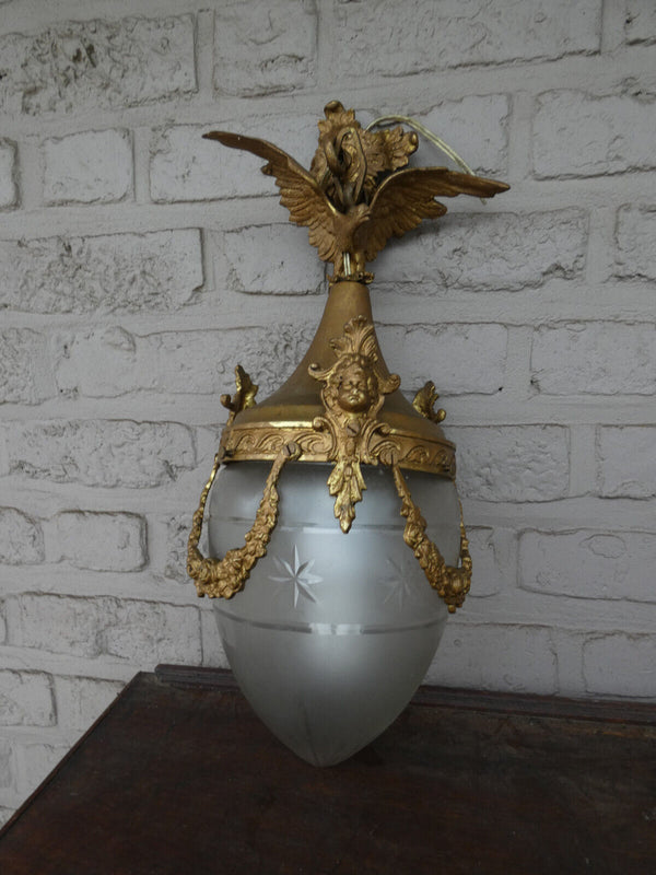 Vintage 1960 French bronze Eagle caryatid heads crystal glass  lantern lamp