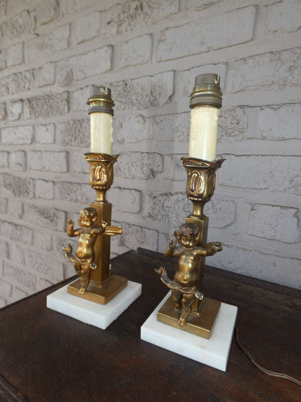 PAIR antique french Bronze putti cherub figurine table lamps onyx marble base