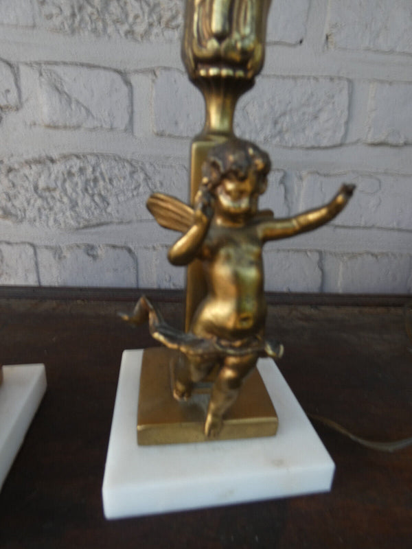 PAIR antique french Bronze putti cherub figurine table lamps onyx marble base