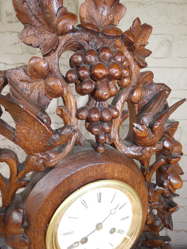 Antique 19th XL black forest wood carved hunting clock fox birds