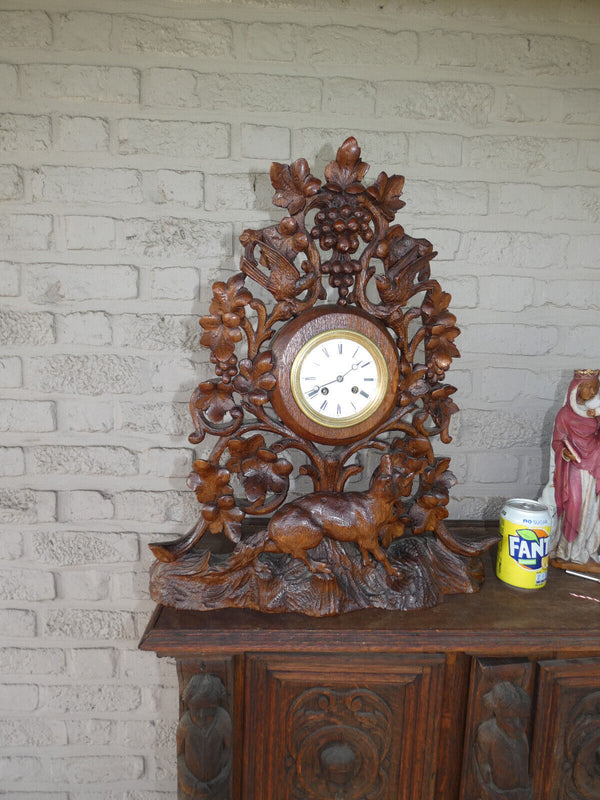 Antique 19th XL black forest wood carved hunting clock fox birds
