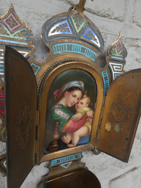 Antique 19thc CLoisonne enamel Holy water font madonna porcelain paint plaque