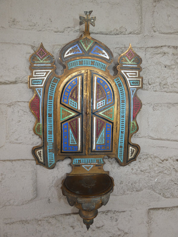 Antique 19thc CLoisonne enamel Holy water font madonna porcelain paint plaque