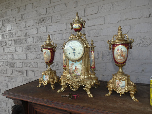 Mantel clock set porcelain bronze victorian scene landscape rare vases urns