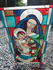 Antique flemish paint glass window Madonna child religious plaque