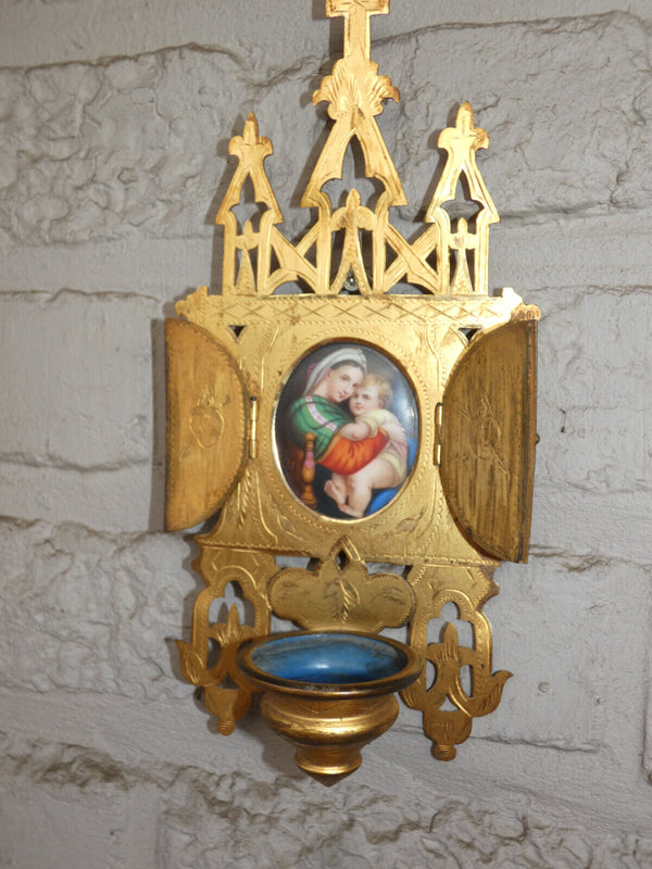 Antique French neo gothic metal porcelain paint madonna holy water font religion