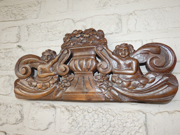 Antique wood carved putti cherub figural wall plaque panel