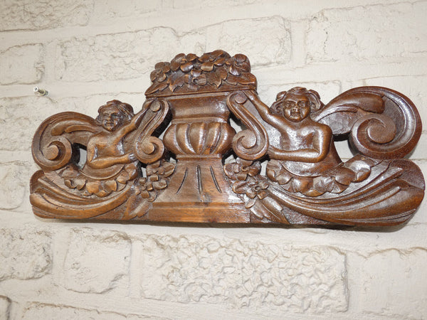 Antique wood carved putti cherub figural wall plaque panel