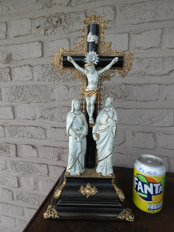 Antique Religious Wood chalk calvary crucifix statue rare