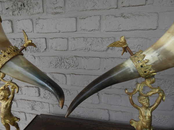 PAir antique bronze putti cornucopia horn bird statues