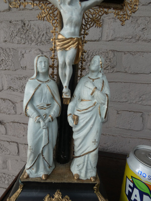 Antique Religious Wood chalk calvary crucifix statue rare