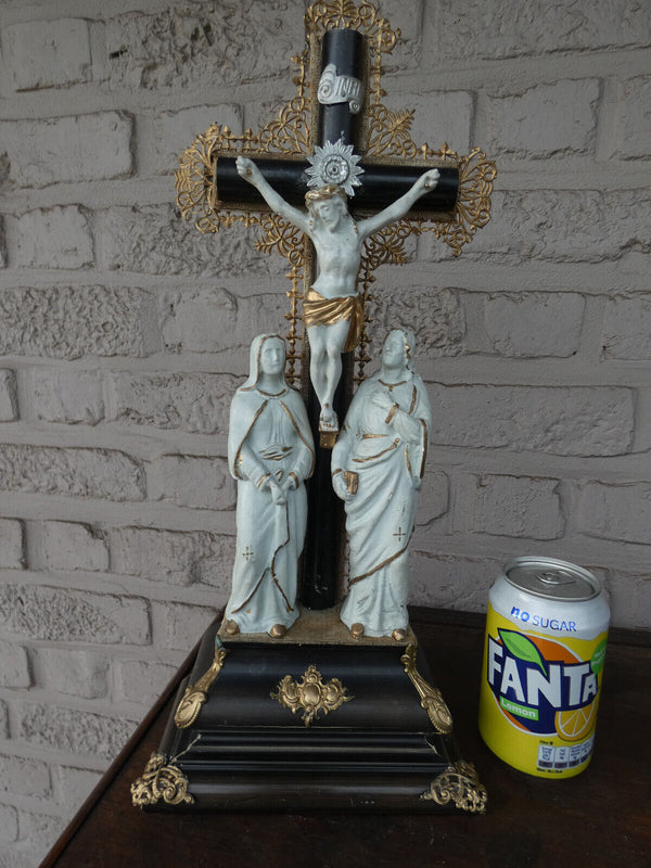 Antique Religious Wood chalk calvary crucifix statue rare