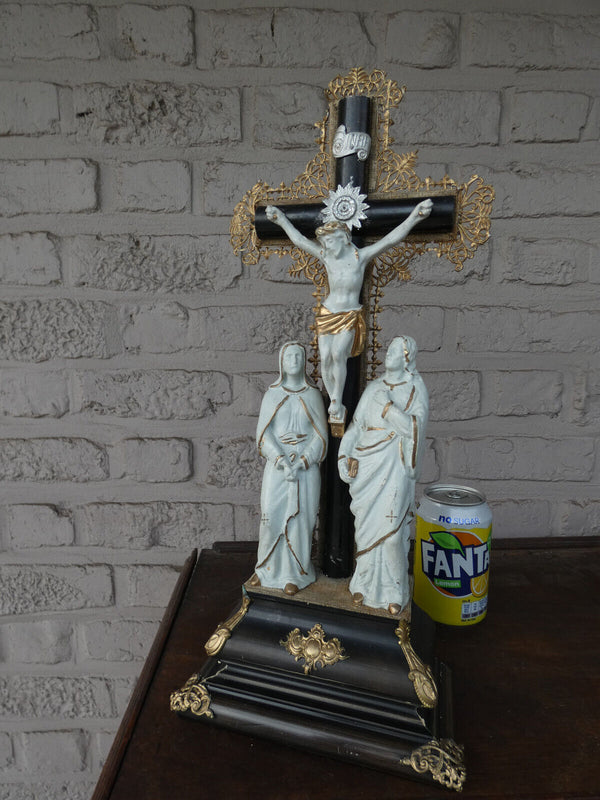 Antique Religious Wood chalk calvary crucifix statue rare