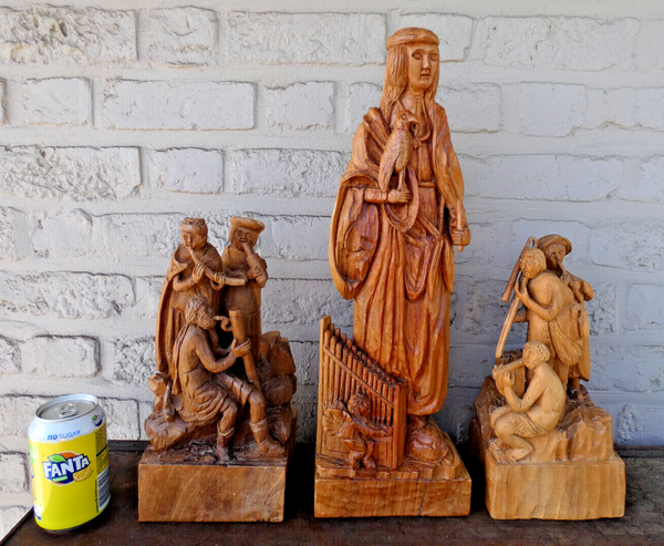 Religious set 3 Wood carved saint cecilia group statues religious patron music