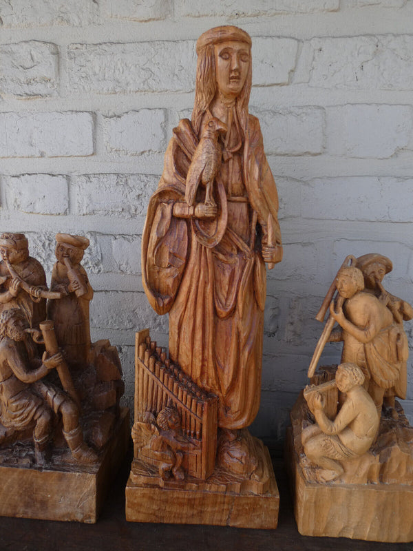 Religious set 3 Wood carved saint cecilia group statues religious patron music