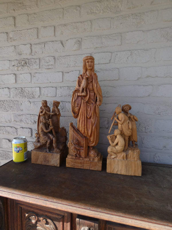 Religious set 3 Wood carved saint cecilia group statues religious patron music