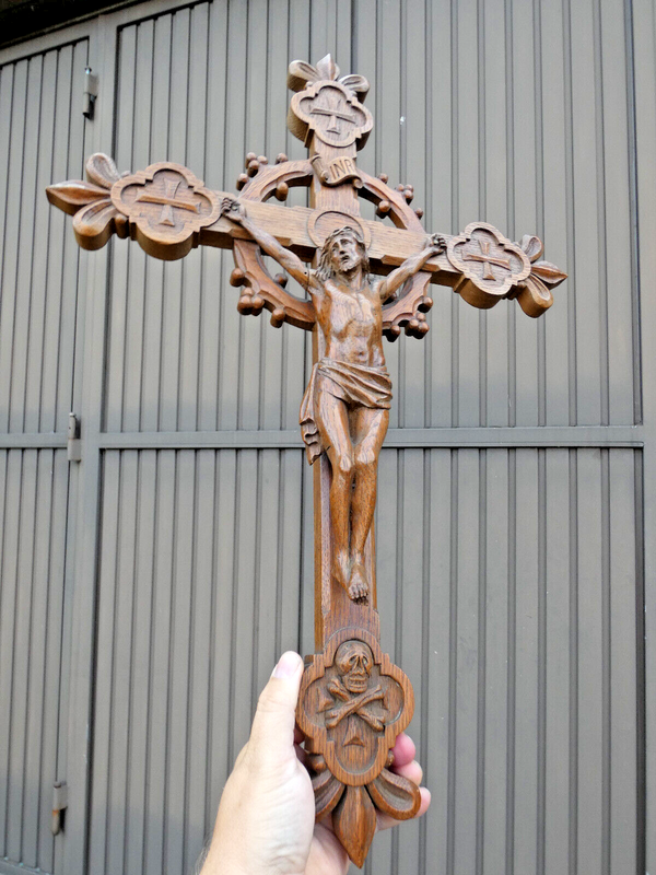 Antique french wood carved crucifix cross religious fleur de lys