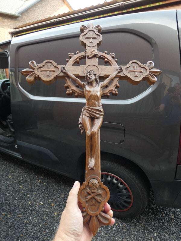 Antique french wood carved crucifix cross religious fleur de lys