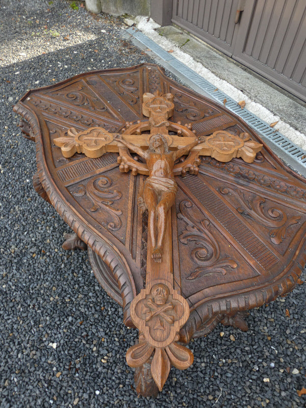 Antique french wood carved crucifix cross religious fleur de lys