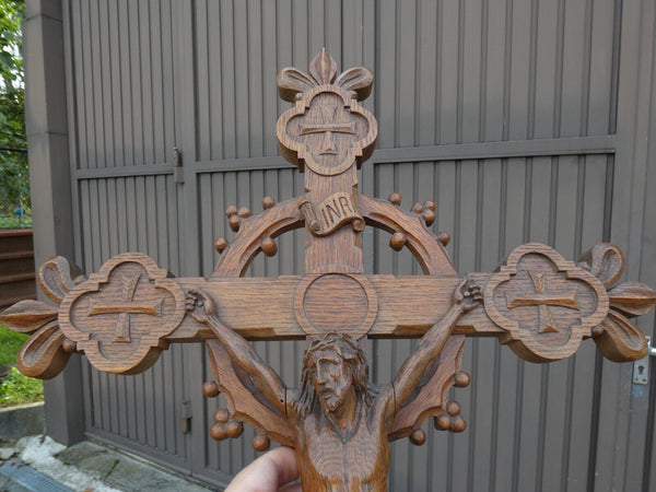 Antique french wood carved crucifix cross religious fleur de lys