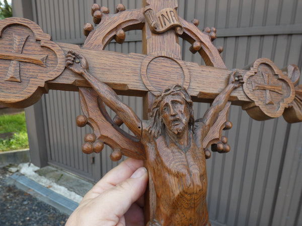 Antique french wood carved crucifix cross religious fleur de lys