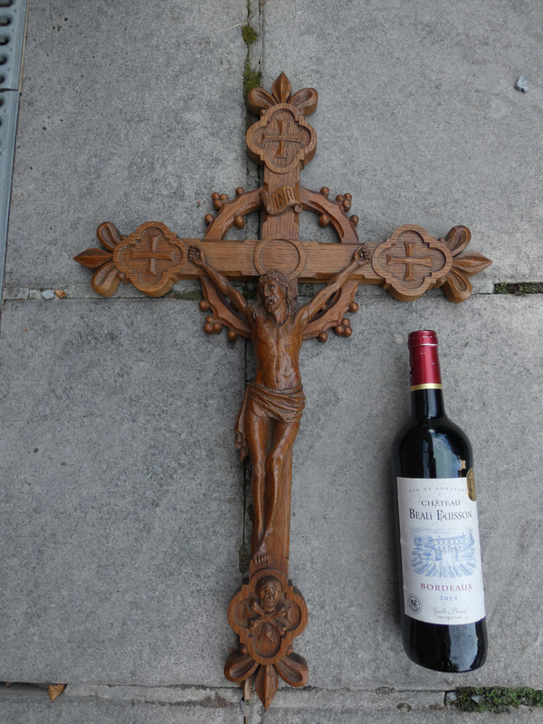 Antique french wood carved crucifix cross religious fleur de lys