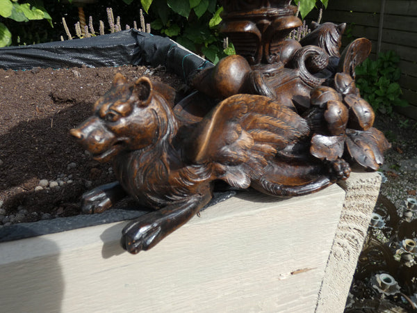 Antique Rare Black forest wood carved centerpiece bowl tray statue dragon lion