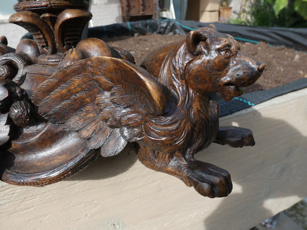 Antique Rare Black forest wood carved centerpiece bowl tray statue dragon lion