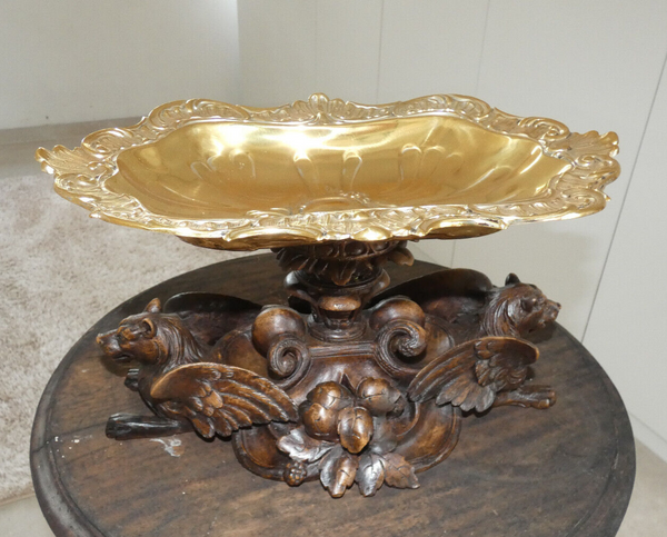 Antique Rare Black forest wood carved centerpiece bowl tray statue dragon lion