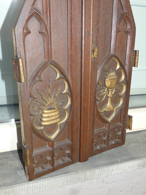 Antique french neo gothic wood carved tabernacle door plaque religious