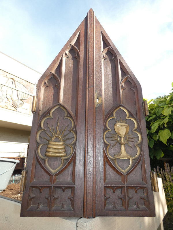 Antique french neo gothic wood carved tabernacle door plaque religious