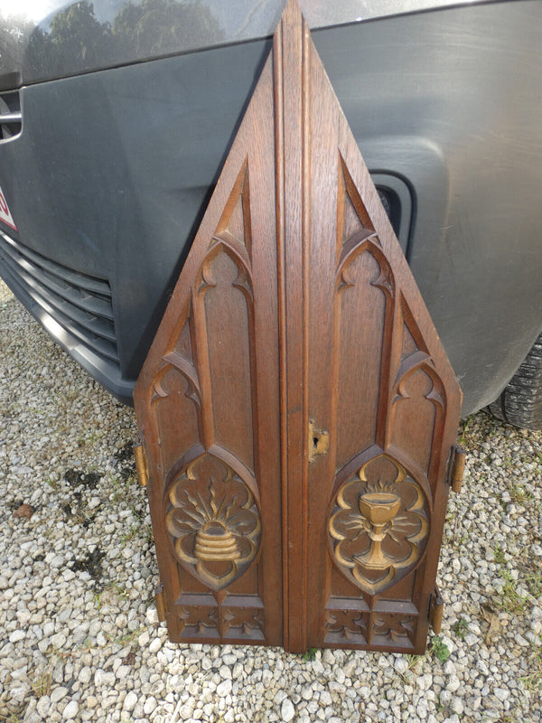 Antique french neo gothic wood carved tabernacle door plaque religious