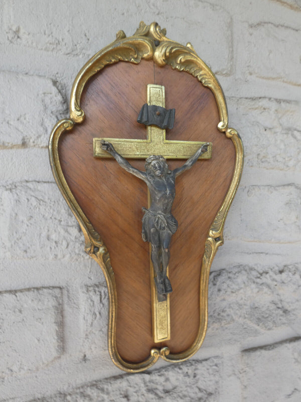 Antique Wood brass Wall plaque Crucifix religious christ