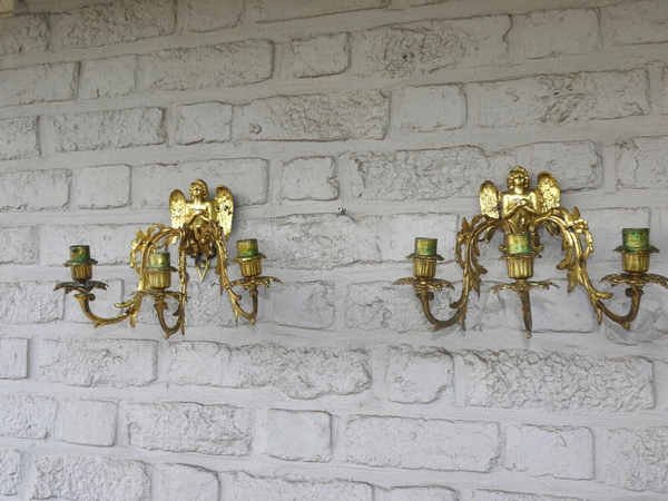 PAIR antique brass Wall candle holders Angels Figural Decor