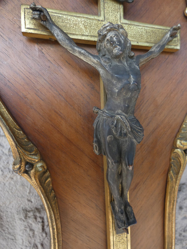 Antique Wood brass Wall plaque Crucifix religious christ